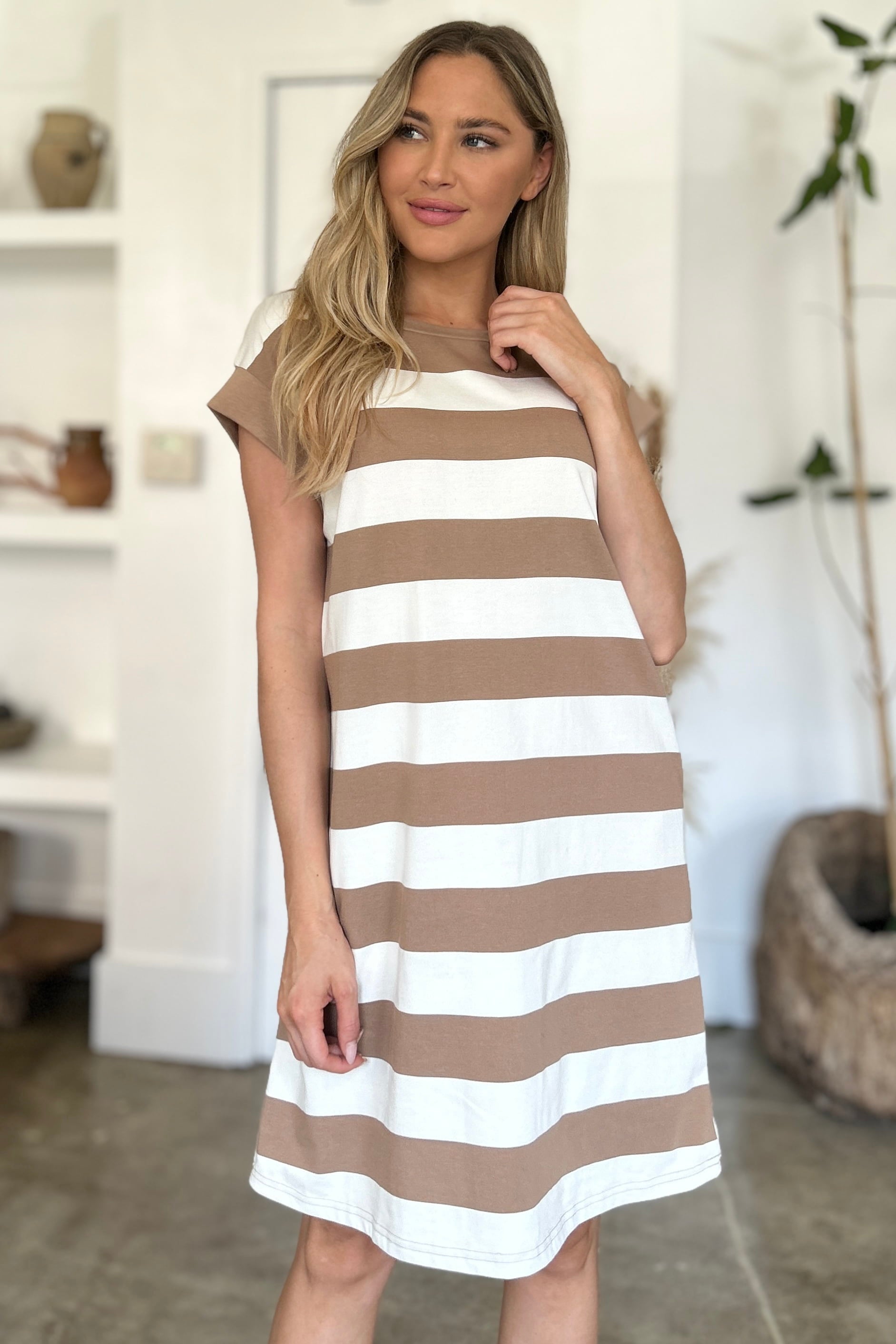 Full Size Striped Round Neck Cap Sleeve Mini Dress For Women – Striped Mini Dress, Full-Size Round Neck Dress, Comfortable Cap Sleeve Dress, Chic Striped Dress, Flattering Mini Dress, Casual Everyday Dress, Versatile Striped Dress