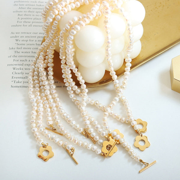 Gold Flower Pearl Chain Necklace