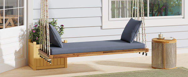 Patio Wooden Swing Chair Hanging Porch Swing Bench with Cushion & Pillows