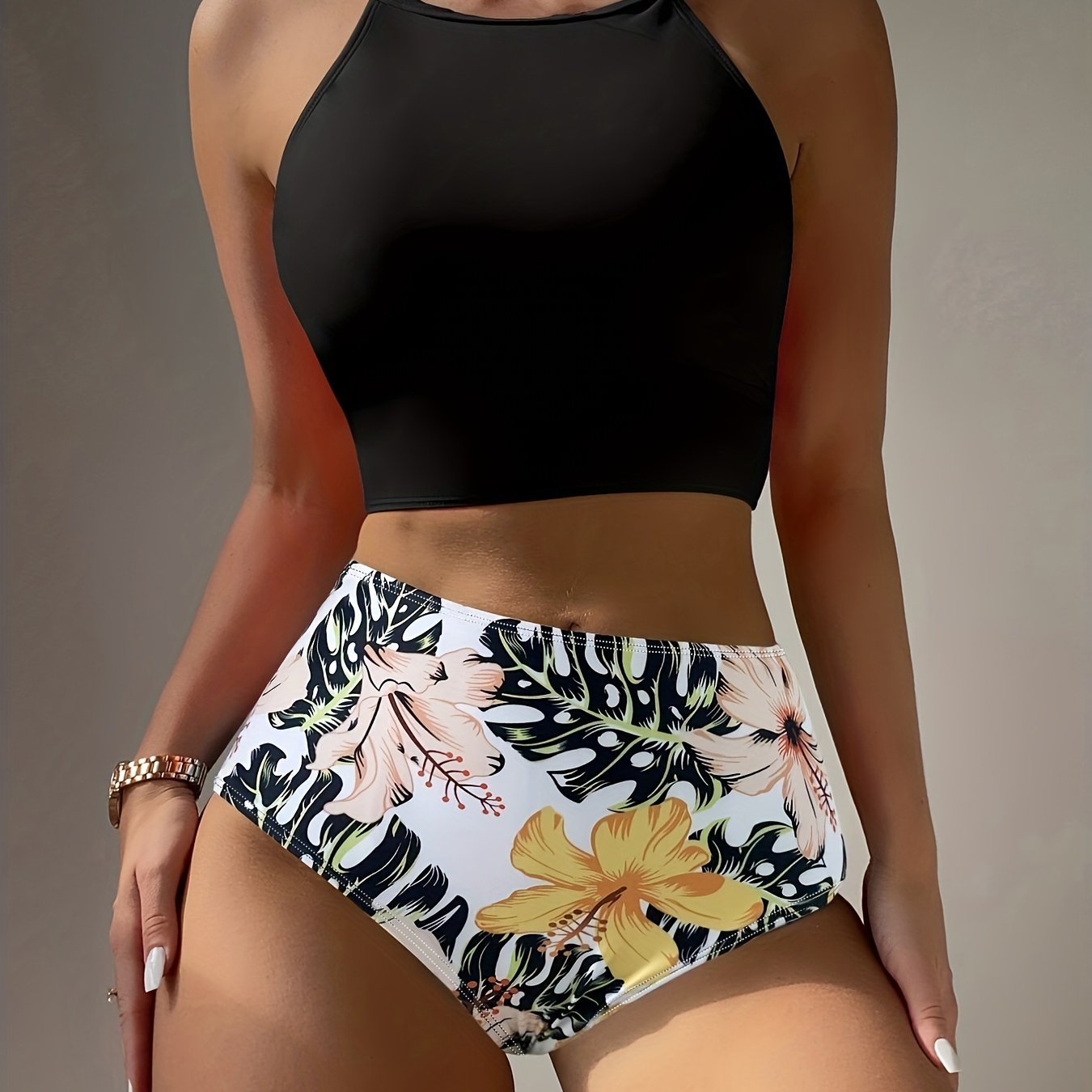 Island Bloom High Waist Bikini Set for Summer – Colorblock Tropical Print Two-Piece Swimsuit with Round Neckline Ultra-Stretch Fit & Applique Detail – Stylish and Comfortable Women’s Swimwear for Pool Beach & Summer Escapes