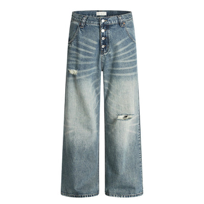 Hole-Washed Denim Long Pants Men's Loose Faded Whitewashed Wide-Leg Straight Trousers European and American Street Fashion Versatile Dad Pants