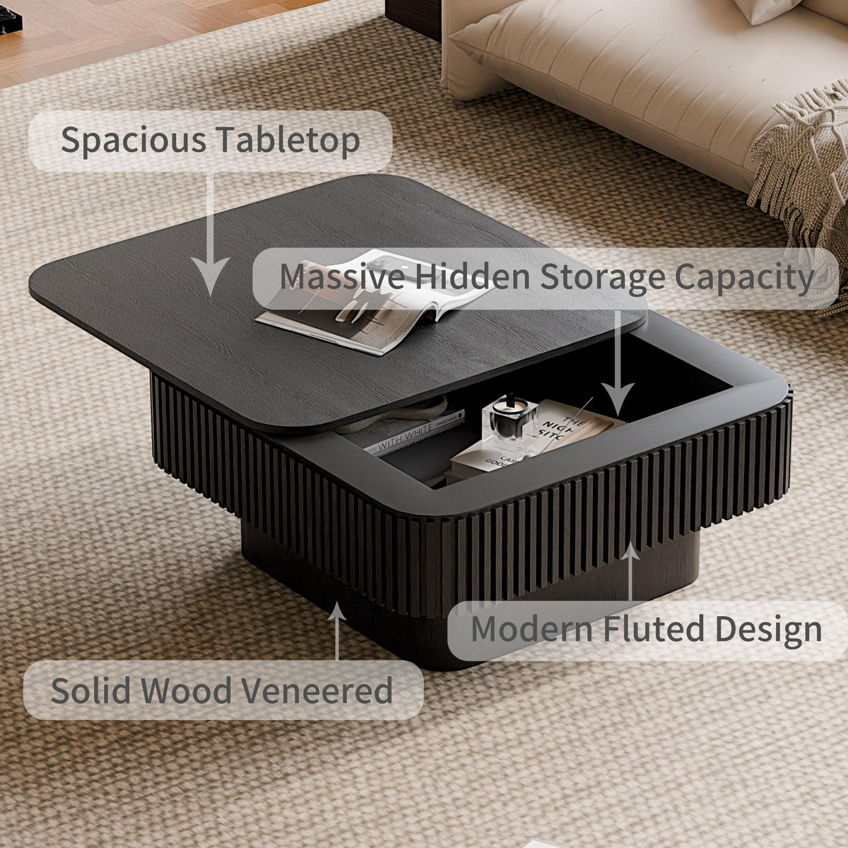 Modern Black Square Coffee Table with Hidden Storage