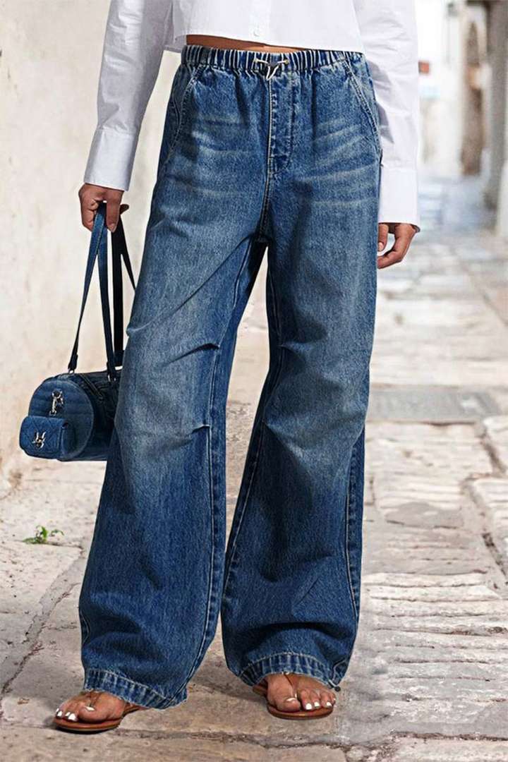 Mid waist wide leg pleated loose jeans women's street retro straight leg pants women