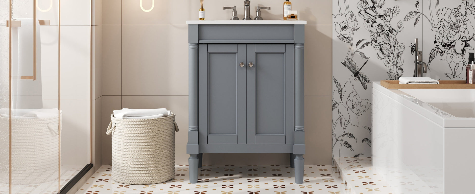 Modern Bathroom Vanity with Top Sink and 2-Tier Large Storage Shelves Cabinet