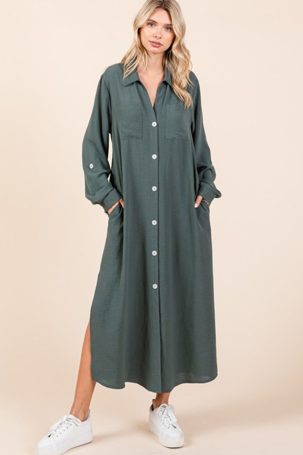 Airflow V-Neck Long Sleeve Button Down Maxi Dress For Women, Casual, Elegant and Versatile Maxi Dress with Button Detail and Slit for Effortless Style