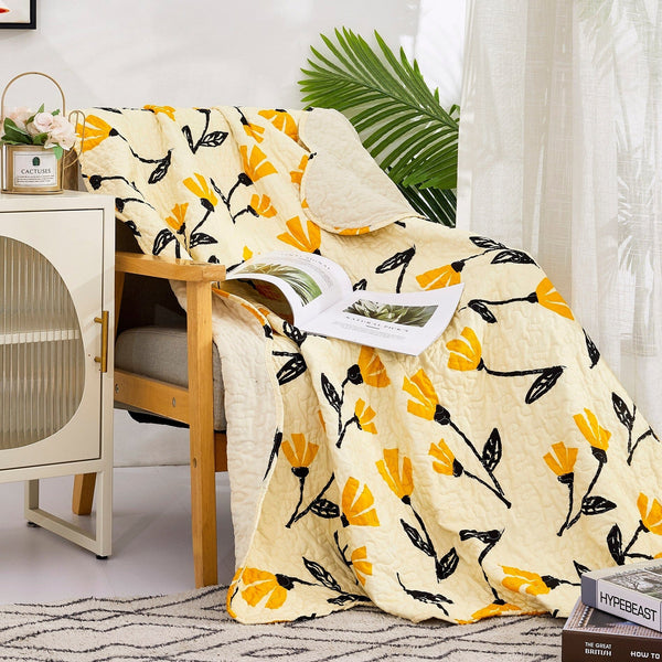 DaDa Bedding Botanical Floral Throw Blanket - Quilted Yellow Fleur Golden Orange Spring Time Tulips - Scalloped Edges Bright Vibrant Ivory Cream - 50 x 60