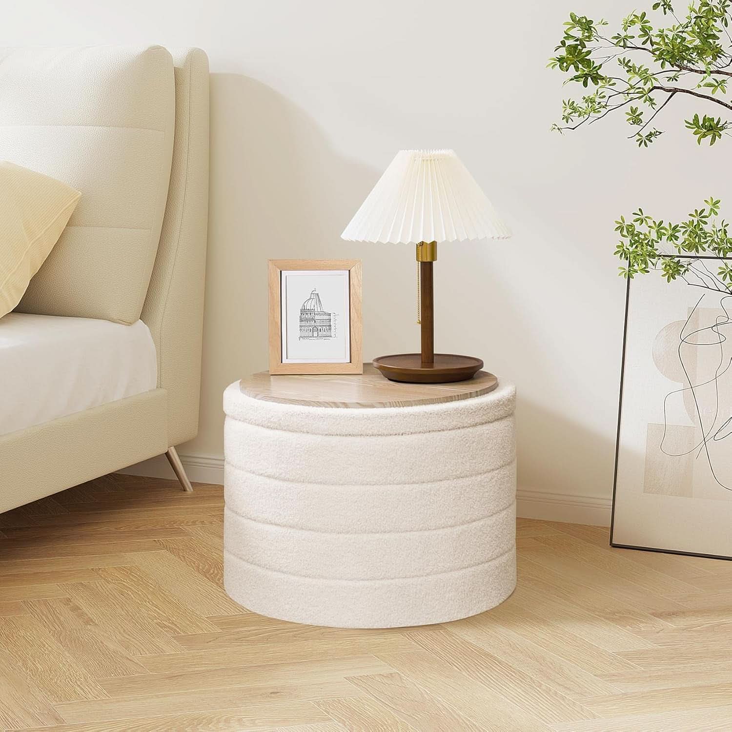 Rounded White Luxurious Boucle Storage Ottoman Lid