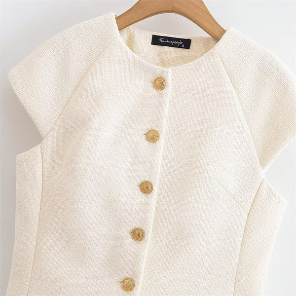 Fashionable Casual Round Neck Versatile Vest with Front Button Closure for Women