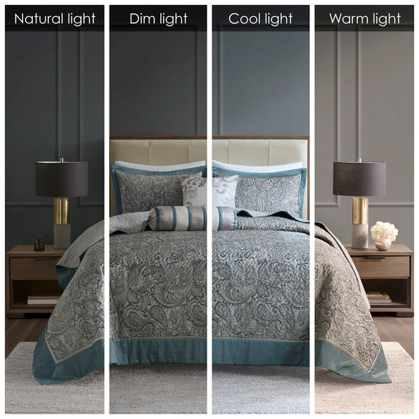 Aubrey 5 Piece Reversible Jacquard Bedspread Set in Teal