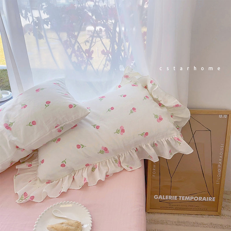 Pink tulip floral single person pure cotton pillowcase 48 * 74cm pillow core cover made of all cotton