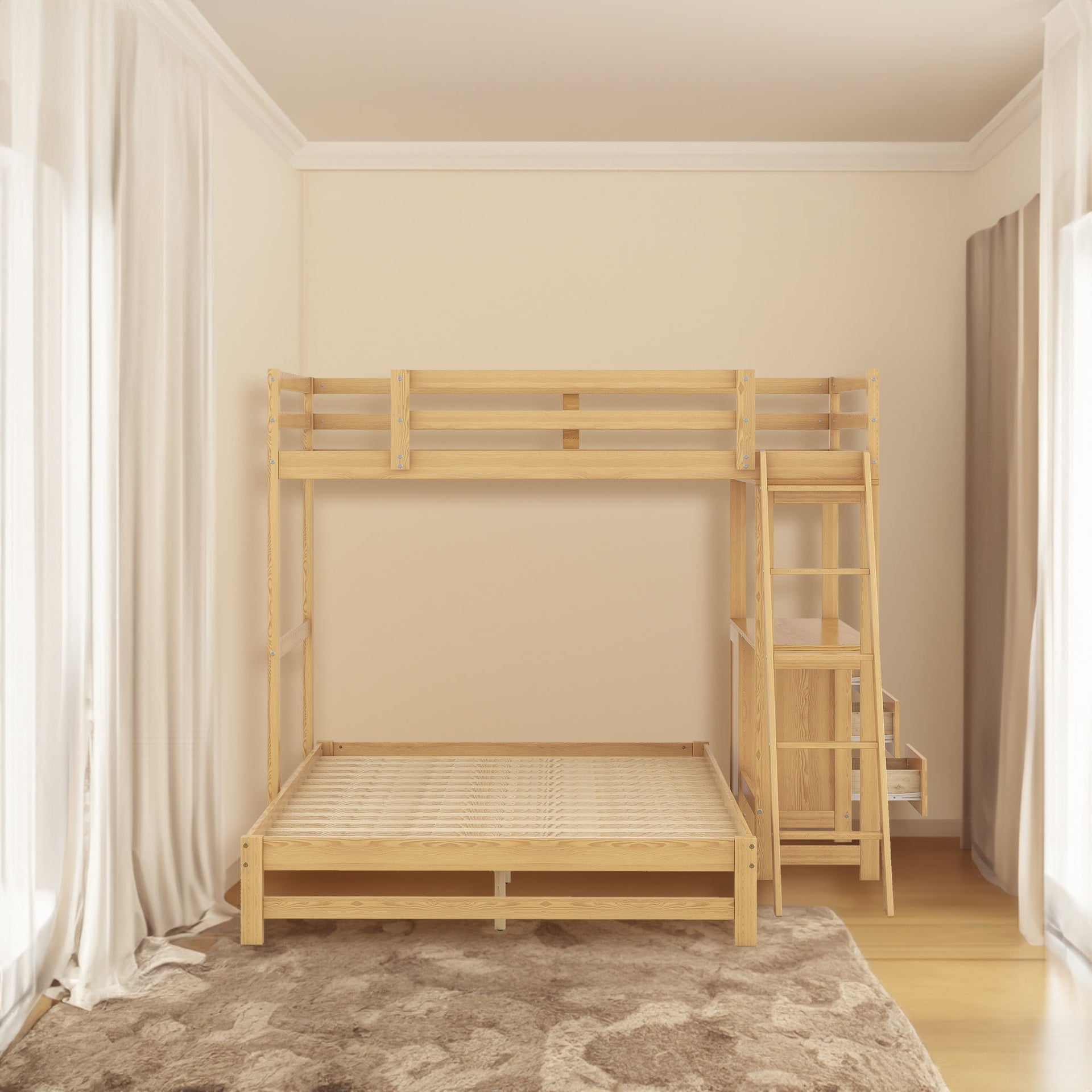 Twin over Full Bunk Bed with Built-in Desk and Three Drawers Natural