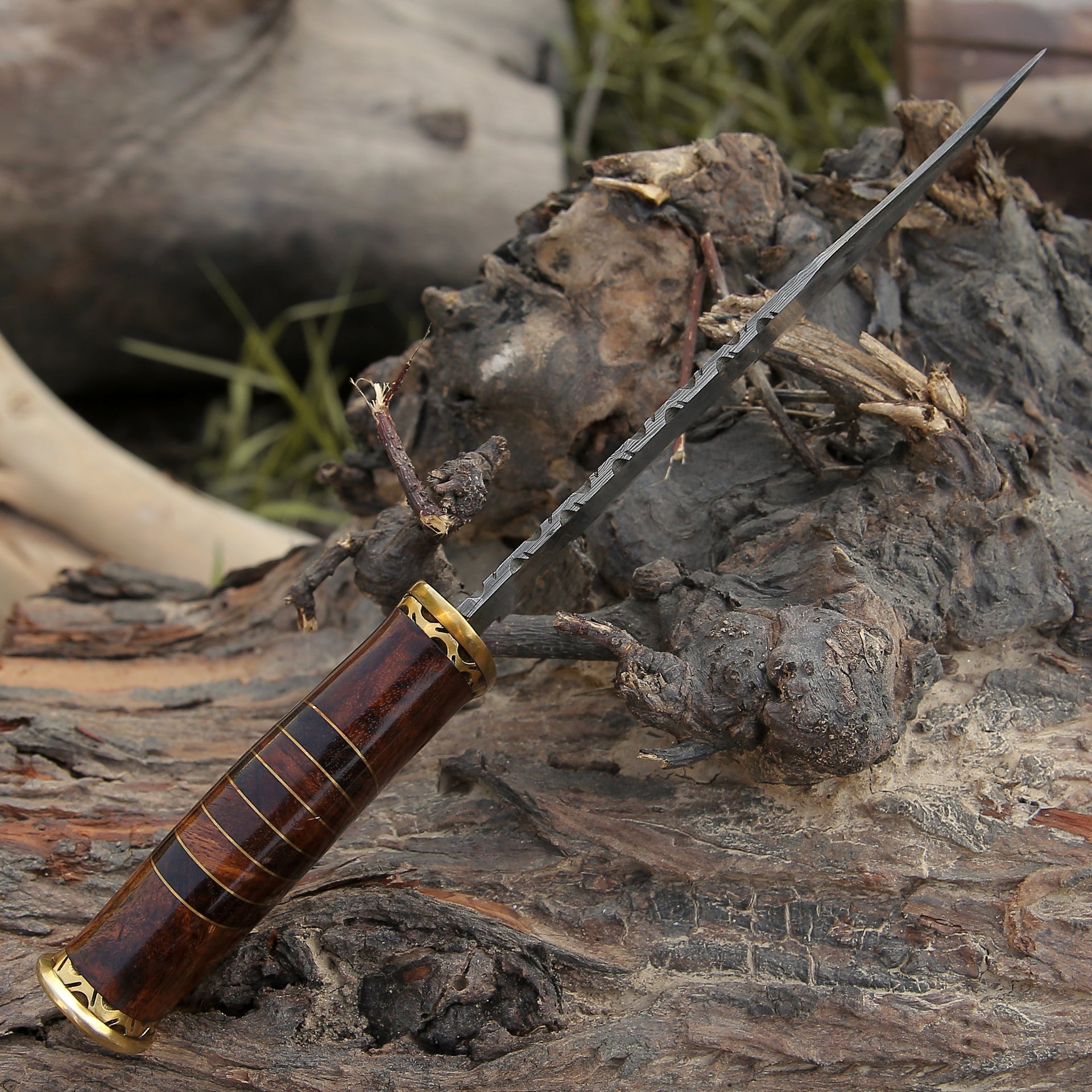 Surge Damascus Bowie Knife with Rosewood Mosaic Handle