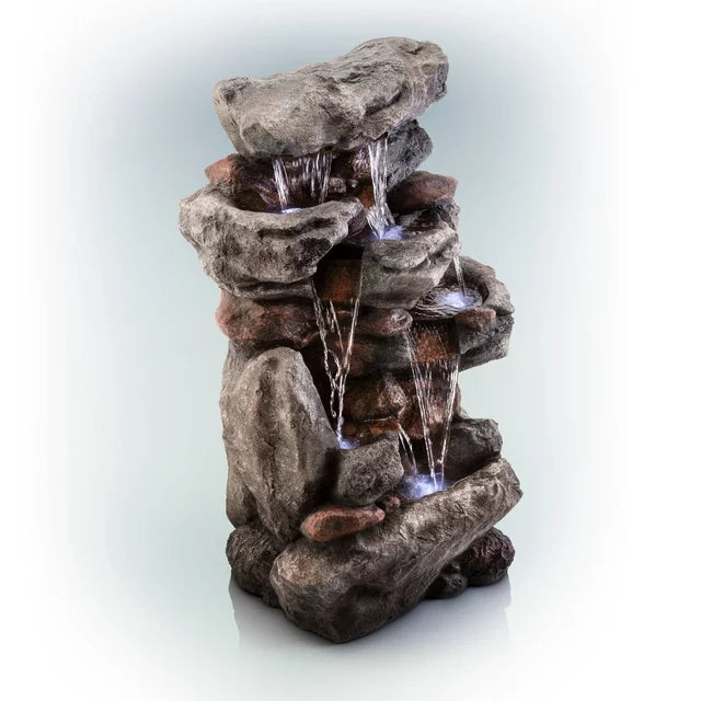 Alpine Corporation 52 in. Tall Outdoor 5-Tier Rainforest Rock Water Fountain with LED Lights