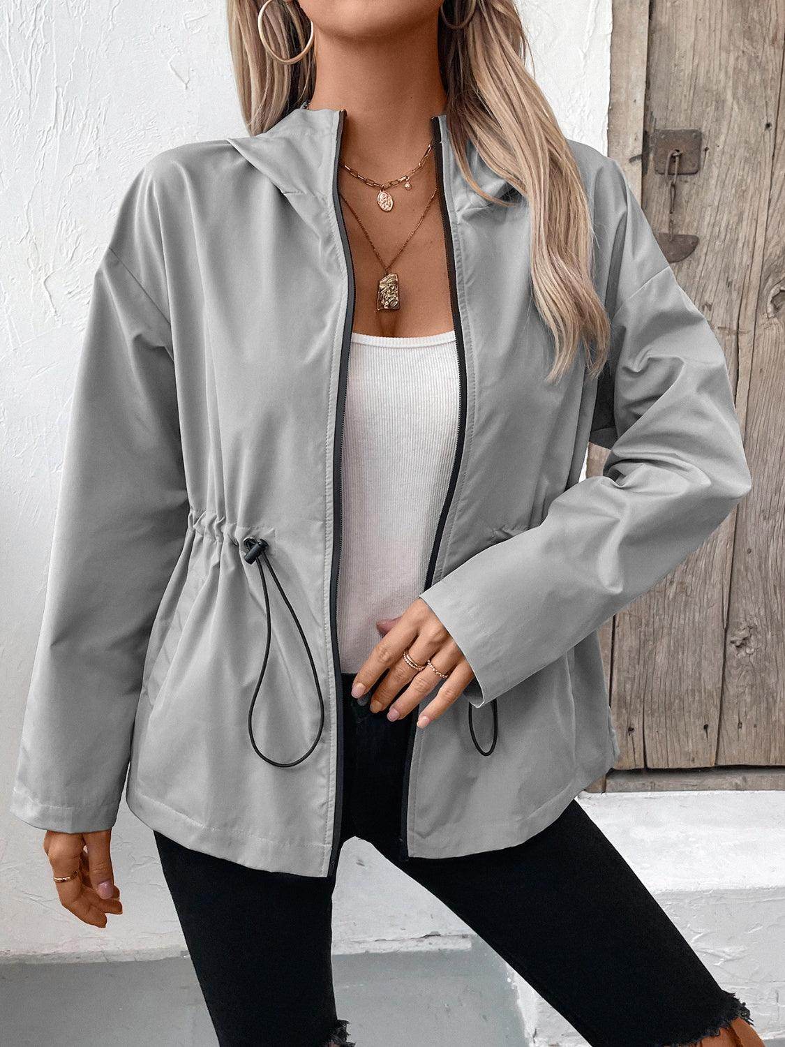 Ivy Lane Drawstring Zip Up Hooded Jacket for Women