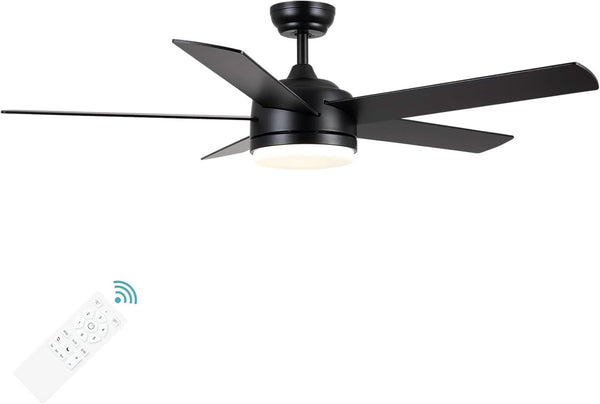 52 Inch Black Ceiling Fan With Dimmable 3 Color LED Lights And Remote