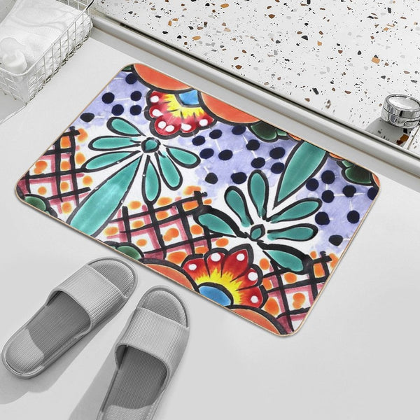 Colorful Talavera, Orange Accent, Mexican Tile Design Bath Mat BionZax