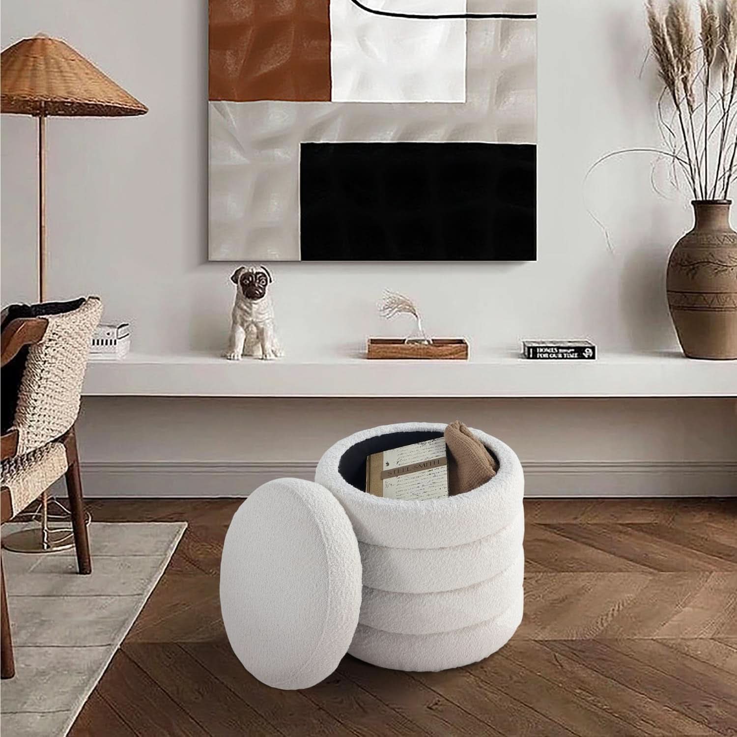 Round Ottoman With Hidden Storage And Cushioned Top