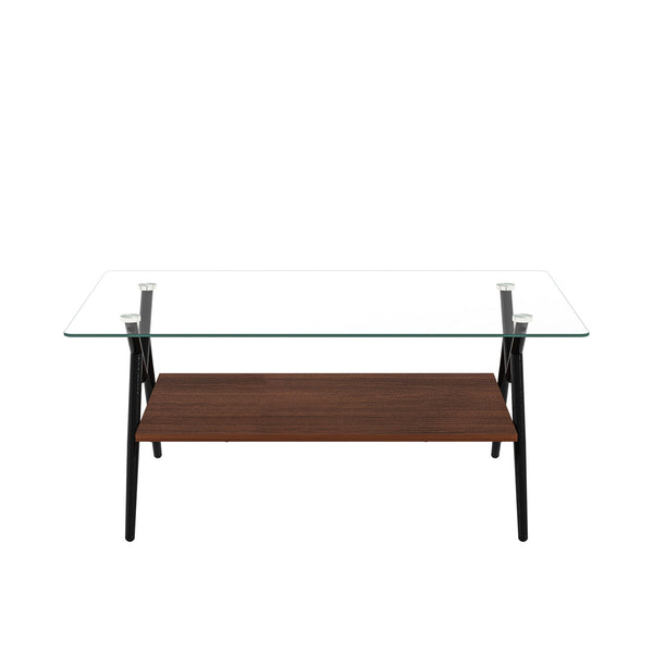 Rectangle Coffee Table with Tempered Glass top and Black Metal Legs, Modern Table for Living Room , Transparent Glass