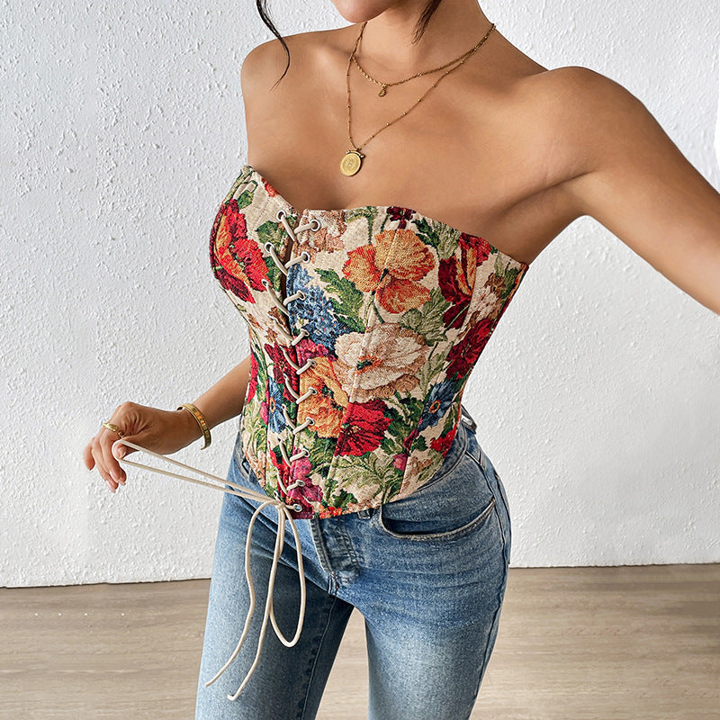 Retro strapless floral print slim fit new lace up chest hugging niche vest
