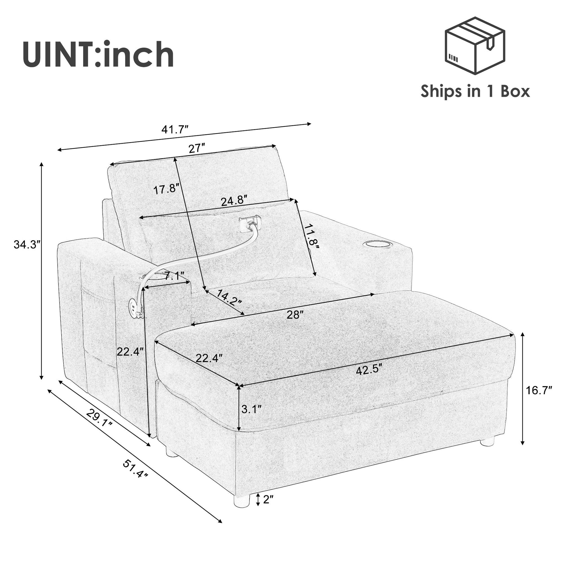Modern Style Armchair Chaise Lounge  with Movable Storage Ottoman, USB Ports, and Cup Holders