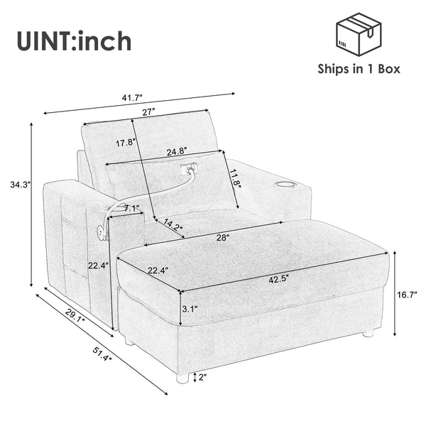 Modern Style Armchair Chaise Lounge  with Movable Storage Ottoman, USB Ports, and Cup Holders