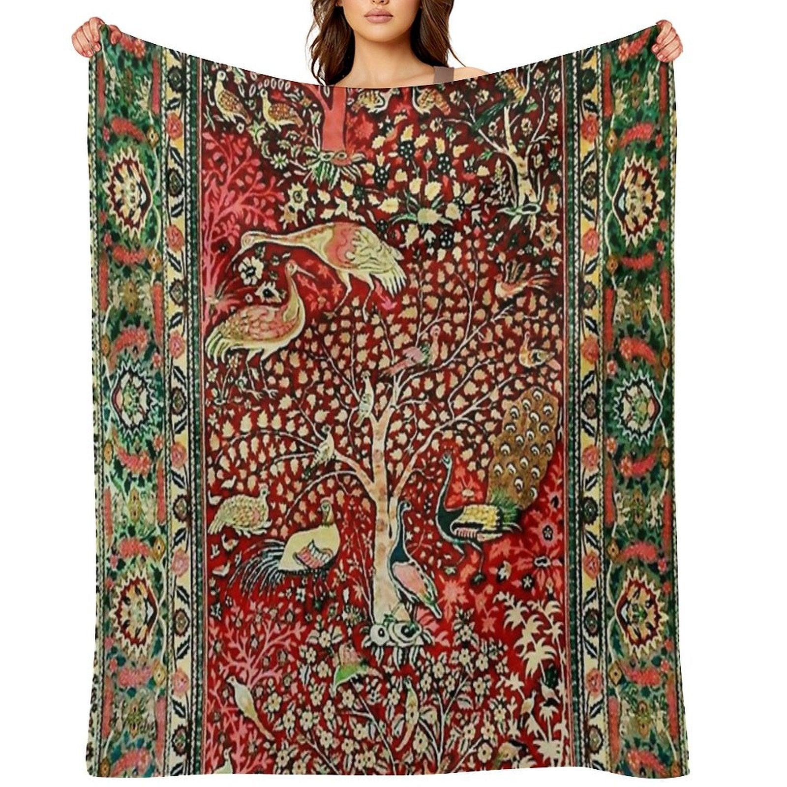 Antique Persian Rug Bird Tree Flowers Ca. 1600 Print Throw Blanket