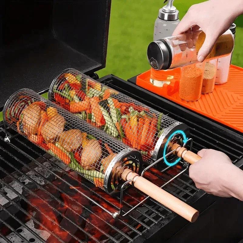 Stainless Steel BBQ Grill Basket with Wood Handle – Non-Stick Rolling Grilling Cage for Vegetables & Meat – Outdoor Camping & BBQ Accessories