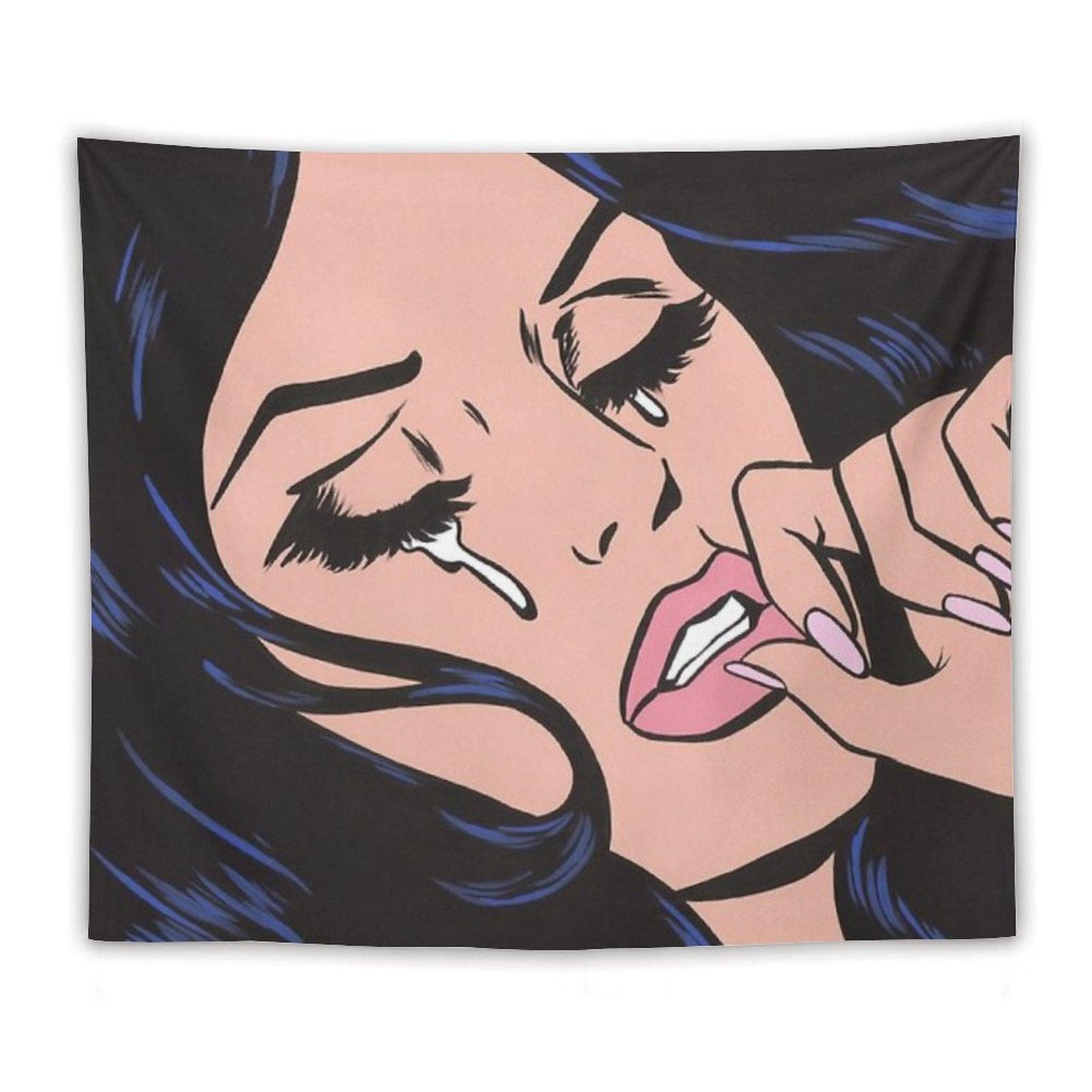 Black Hair Crying Comic Girl Tapestry