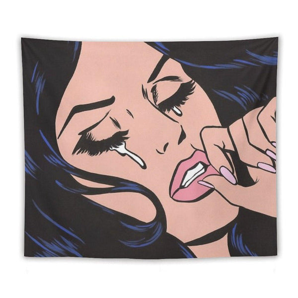 Black Hair Crying Comic Girl Tapestry