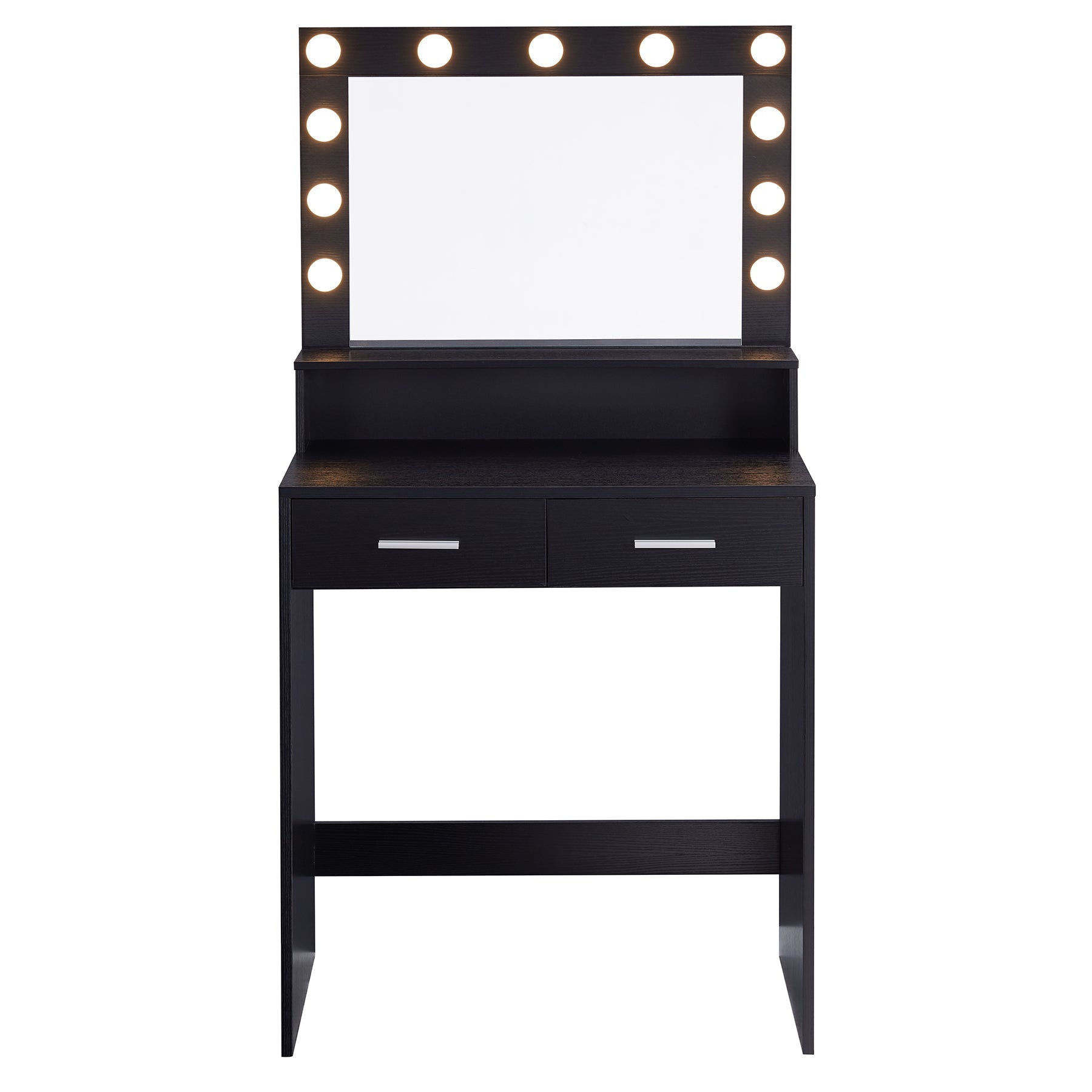 Vanity Desk with Mirror and Lights, Large Drawer and 2-Level Storage, Adjustable Brightness