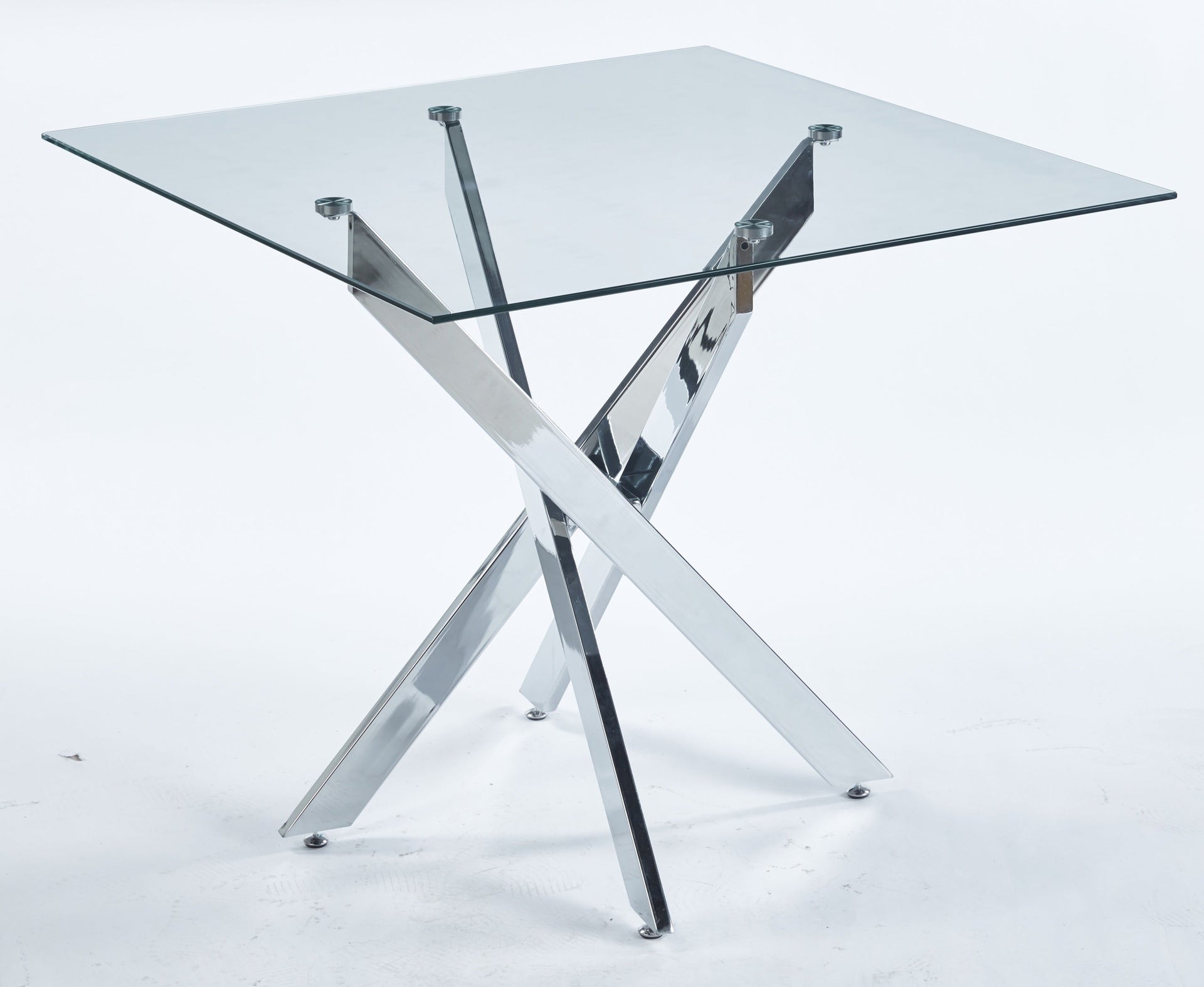 Dining Table with cross metal leg and tempered glass,Modern Space Saving Kitchen Table for Living Room,chrome legsSquare table,90x90x75cm
