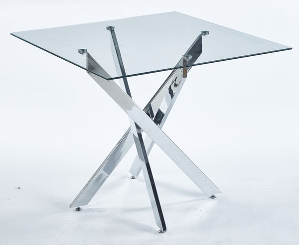 Dining Table with cross metal leg and tempered glass,Modern Space Saving Kitchen Table for Living Room,chrome legsSquare table,90x90x75cm