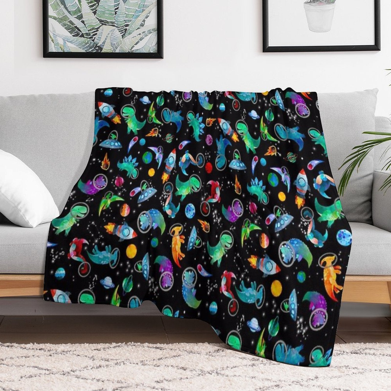 Watercolor Space Dinosaurs Galaxy Pattern Compact Throw Blanket