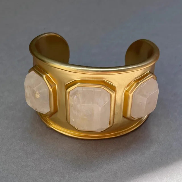 Brass Natural Stone Crystal Open Bracelet Gold Color Metal Bangle for Woman Jewelry Luxury Europe Trend Gifts Accessories