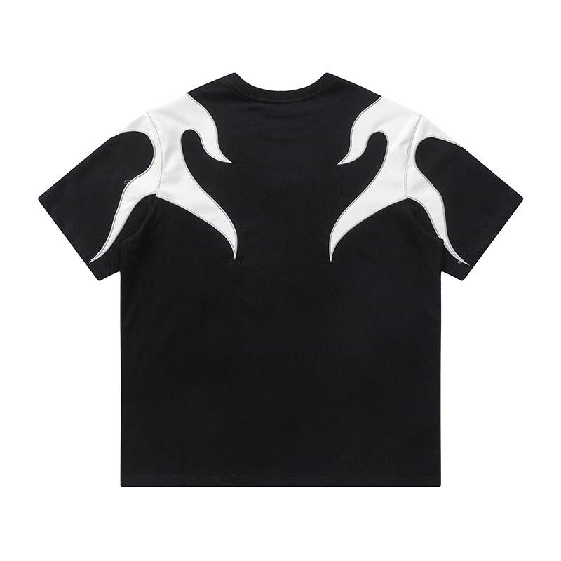 Color Block Applique Embroidery Flame Short Sleeve T-Shirt High Street Design Creative Abstract Casual Tee Men