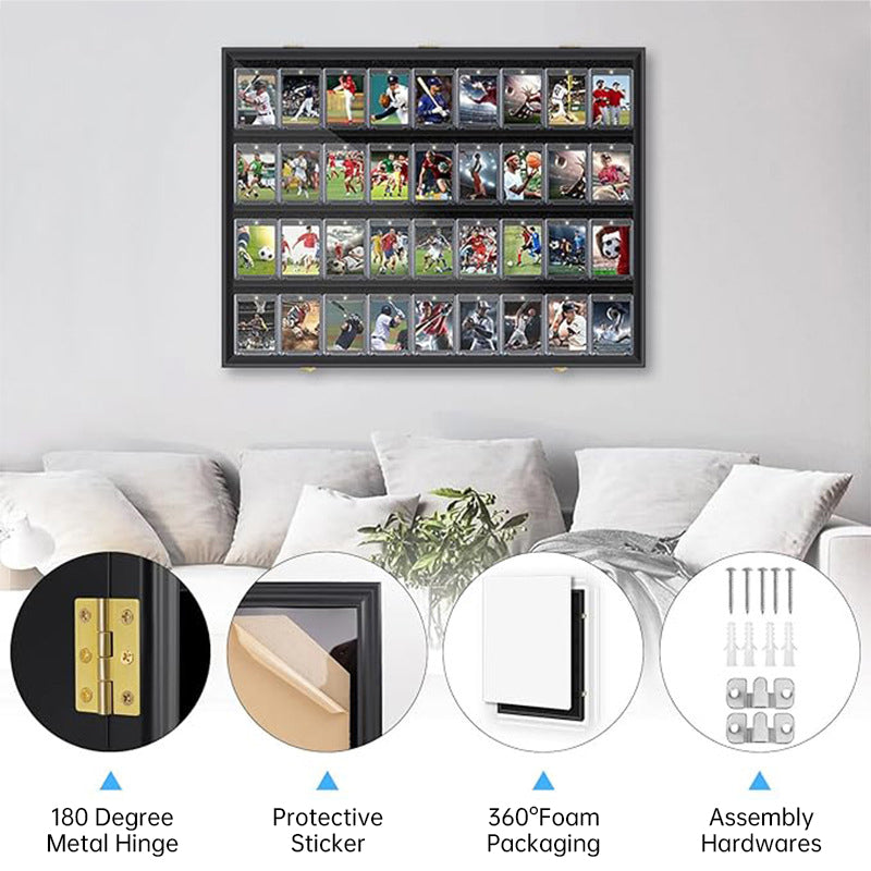 Large Sports Card Display Cases. Wooden, UV - protected acrylic fronts. For football, basketball, hockey cards.