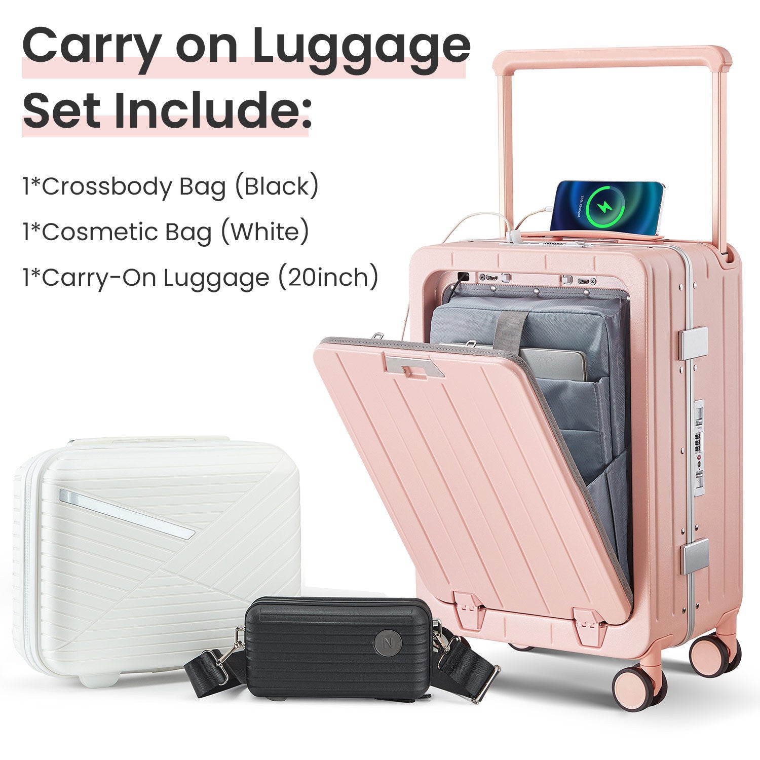 Aluminum Frame 20 Inch with Front Open Carry-on Luggage, PC Hard Shell Suitcase, Bounce Wide Handle Pull Rod Luggage with 360°Double Wheels, Built-In TSA Lock, Airline Approved Suitcase for Business