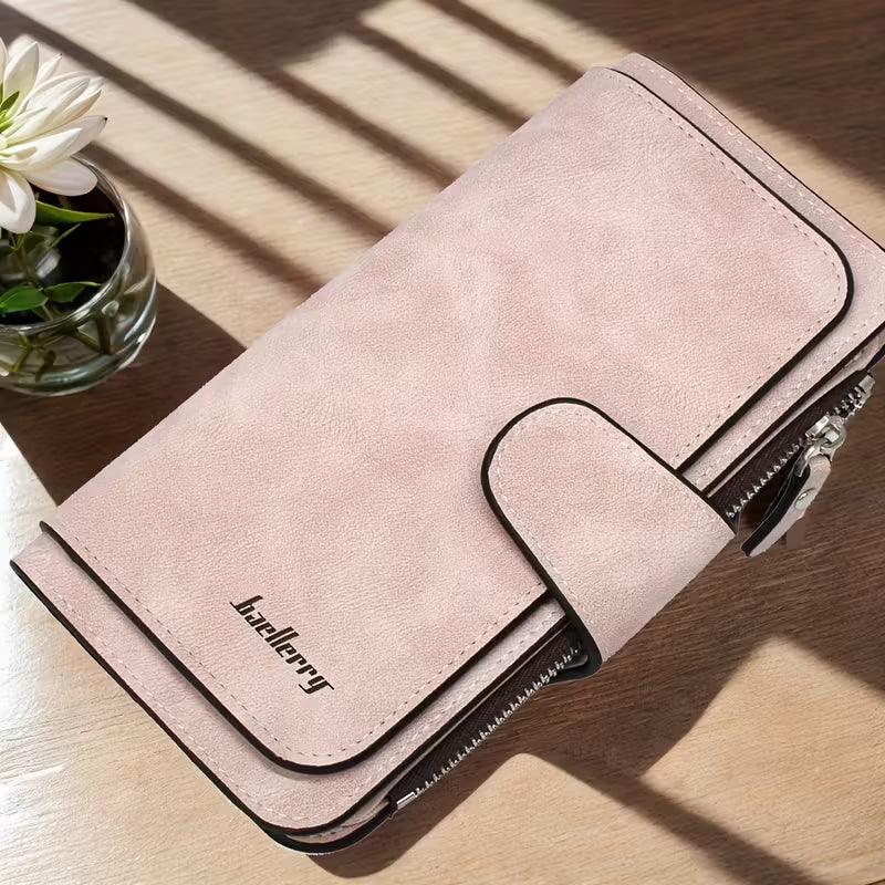 Vintage Faux Leather Long Wallet – Trifold Credit Card Holder with Snap & Zipper