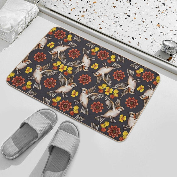 Autumn Sparrows with Flowers & Leaves Bath Mat