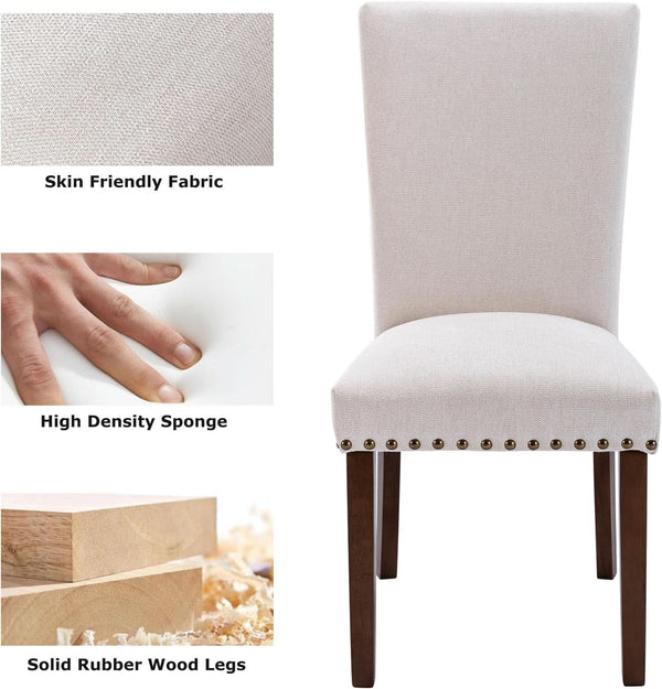 Beige Linen Upholstered High Back Counterheight Chairs