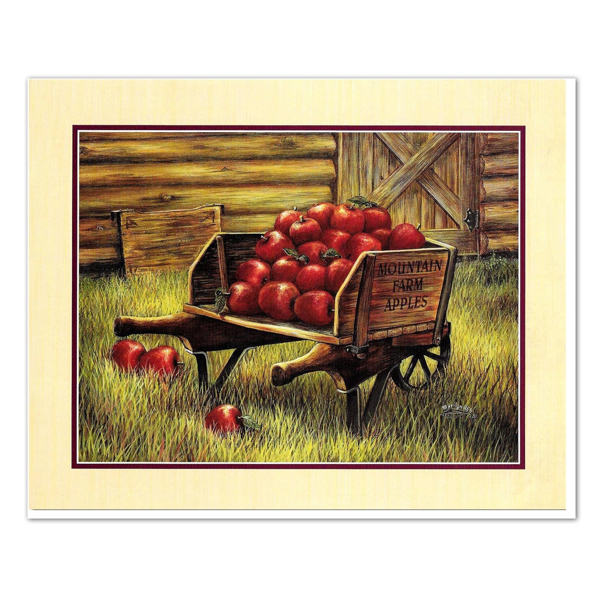 Mountain Farm Apples Art – Rustic Wheelbarrow Painting | Ready to Frame Print