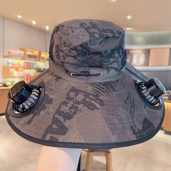 Solar powered fan large brim hat men's outdoor sunshade hat mountain climbing fisherman hat