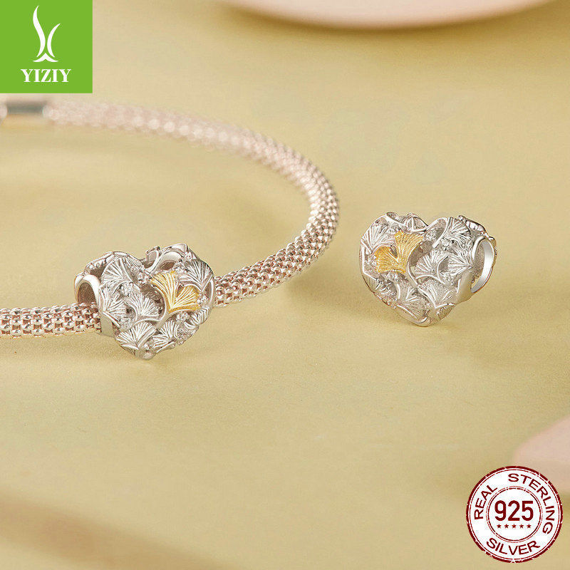 Silver Charm Ginkgo Leaf Splicing Love DIY Bracelet Beads Loose Beads Romantic Autumn Leaves s925 Pure Silver Beads