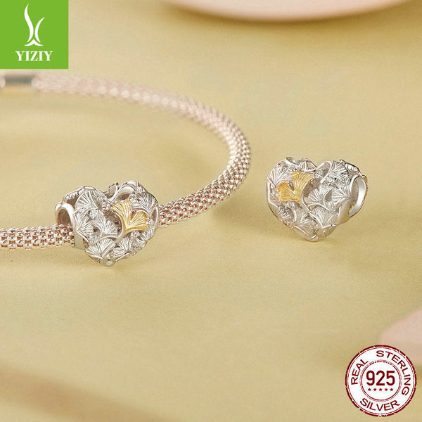 Silver Charm Ginkgo Leaf Splicing Love DIY Bracelet Beads Loose Beads Romantic Autumn Leaves s925 Pure Silver Beads