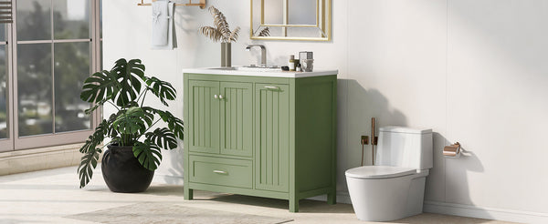36 inch bathroom vanity with sink, one double door cabinet one large drawer and one flip drawer solid wood and MDF board, green