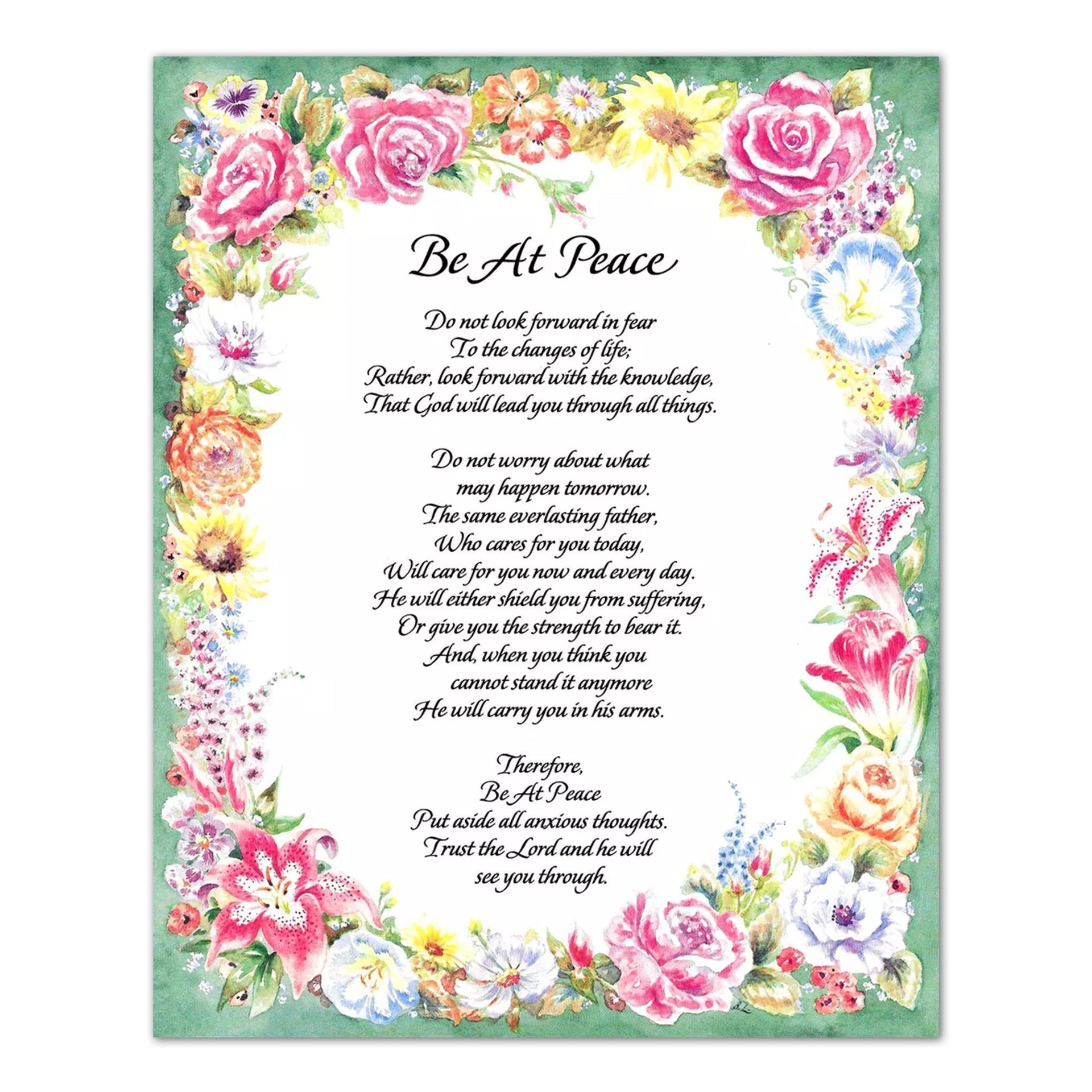 Christian Wall Art – Peaceful Religious Poem 8x10 Art Print with Flowers