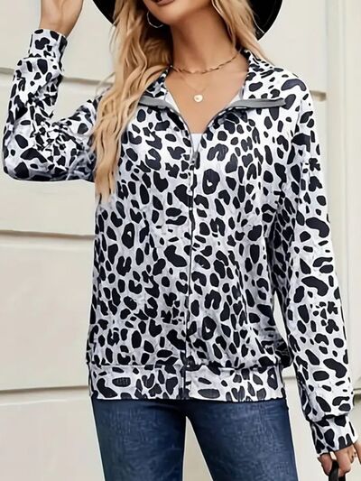 Modern Full Size Leopard Black White Collared Neck Zip Up Jacket  Stylish & Comfortable Everyday Wear