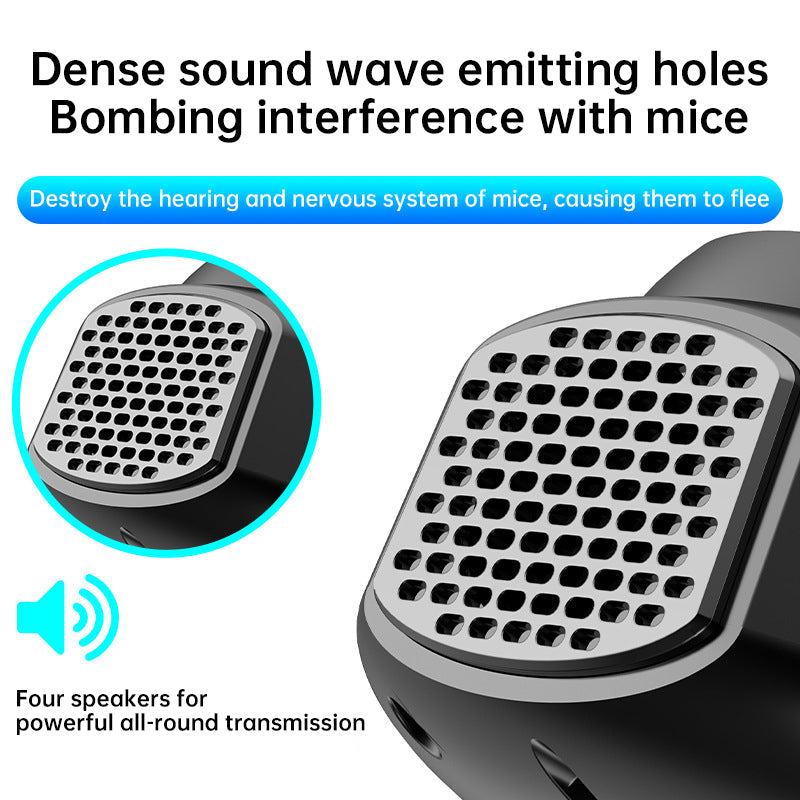 4-in-1 ultrasonic rodent repellent, 360° electronic rat repellent, repels indoor flies, cockroaches & mosquitoes.