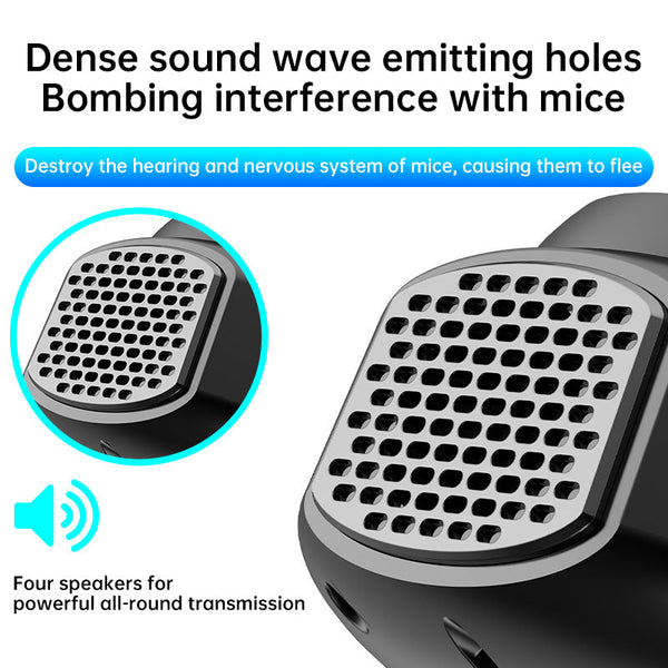 4-in-1 ultrasonic rodent repellent, 360° electronic rat repellent, repels indoor flies, cockroaches & mosquitoes.