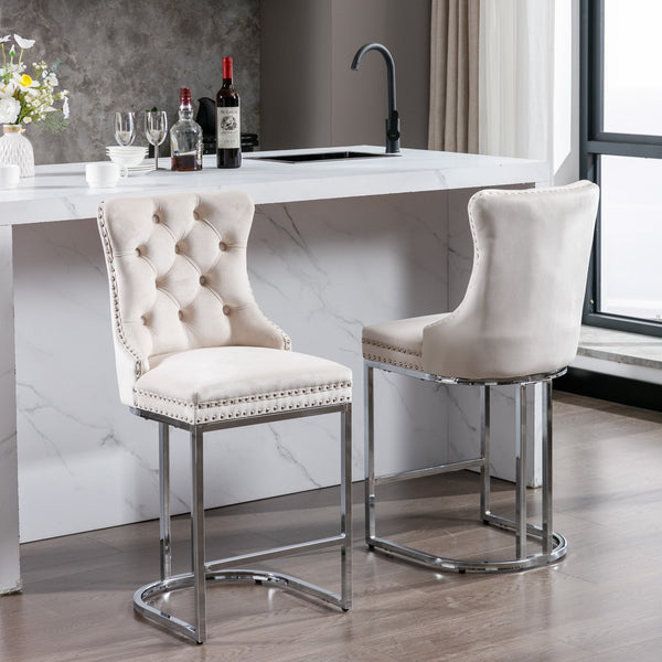 Counter Height Velvet Bar Stools with Button Back & Rivet Trim Upholstered Seats
